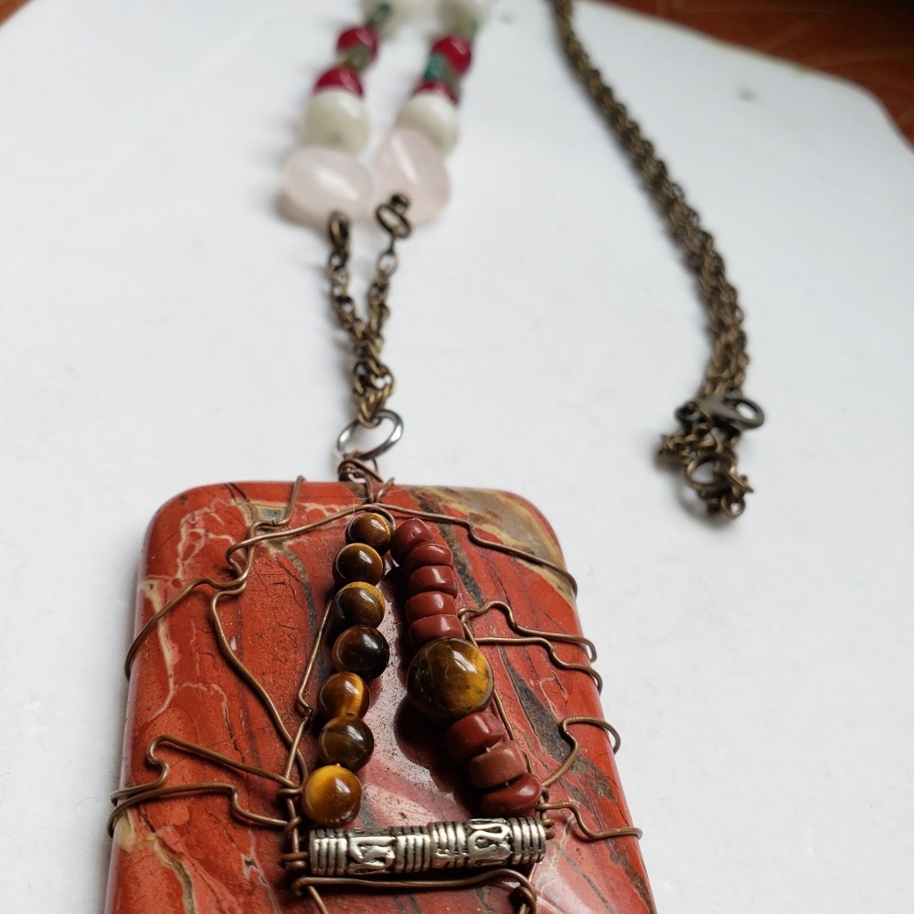 Rainbow jasper wire wrapped gemstone necklace